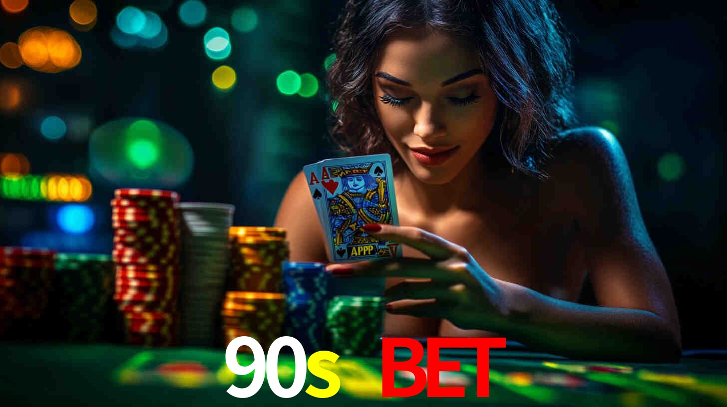 Escena dinámica inspirada en casino con iluminación 90s bet, cartas, fichas e íconos de juegos digitales en un espacio moderno de juegos.