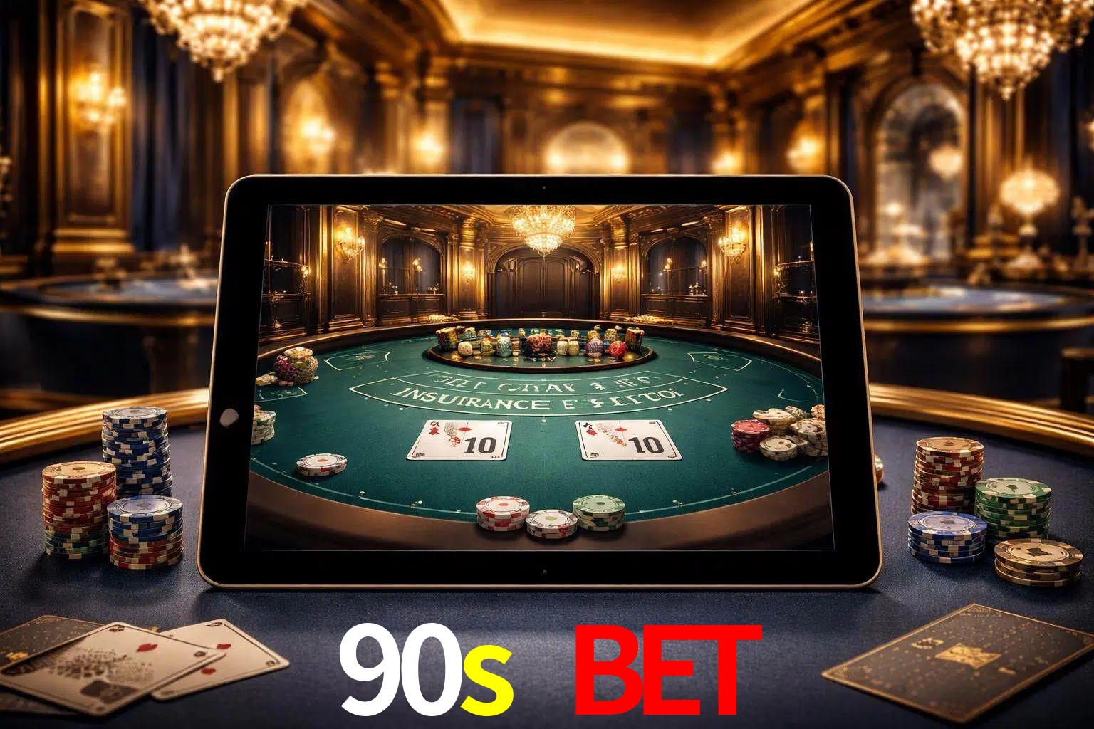 Configuración moderna de casino en vivo con una tableta mostrando una mesa de blackjack, luces cálidas de estudio y una atmósfera elegante de juegos digitales.